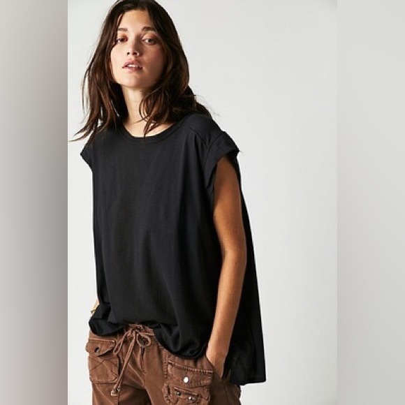NEW! We The FREE PEOPLE Naomi Tee Short Sleeve SMALL Boxy Shirt WASHED BLACK - Picture 1 of 11